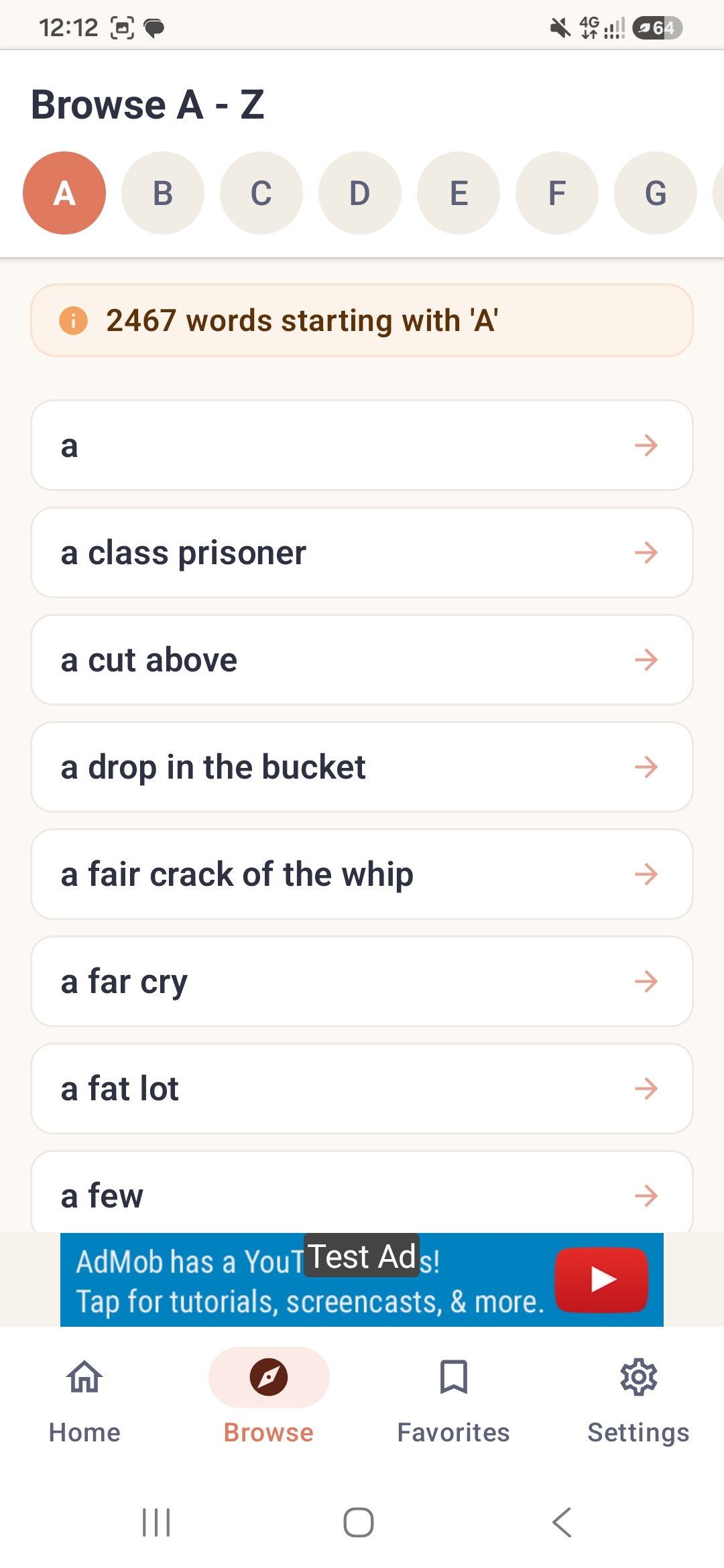 Browse A to Z screen listing 2467 words
