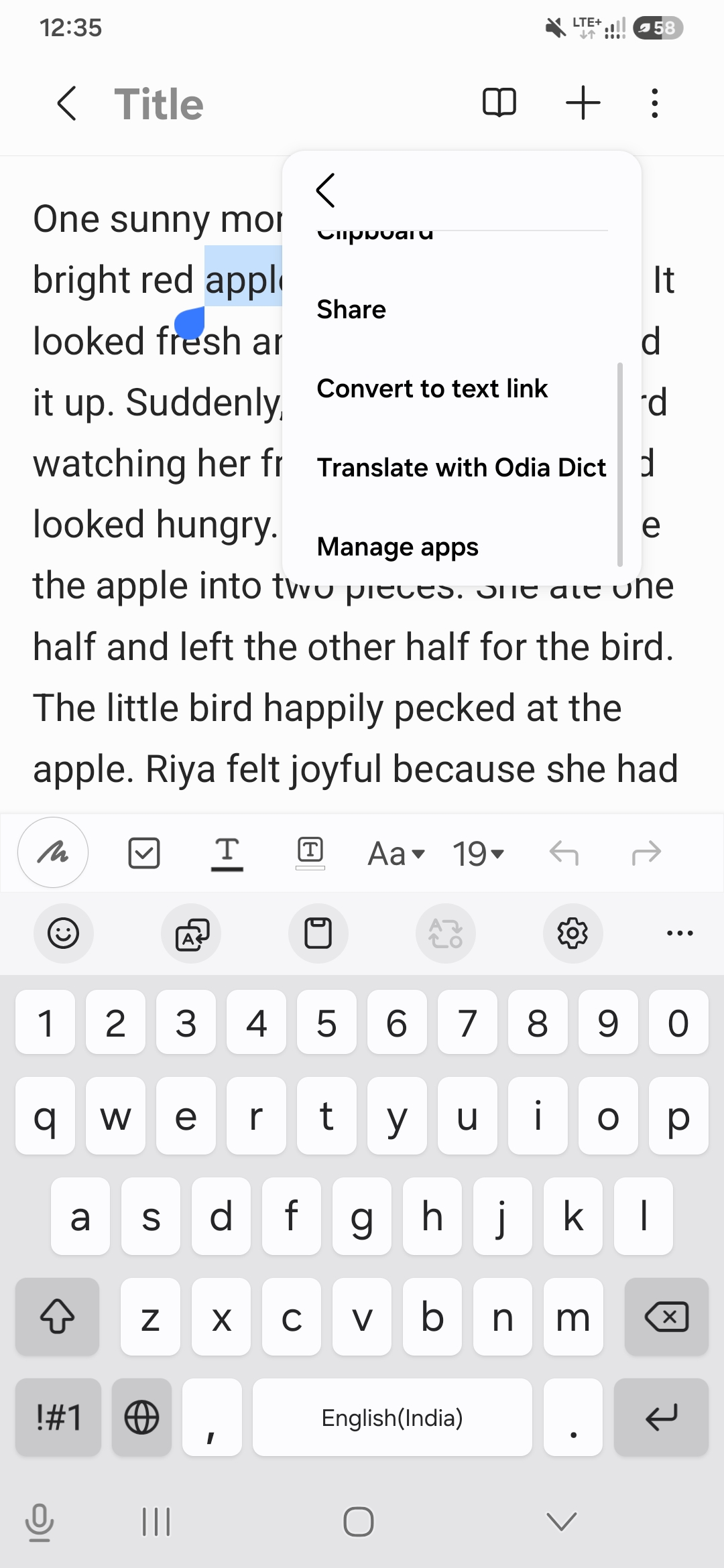 Selecting a word in another app and choosing Translate with Odia Dict